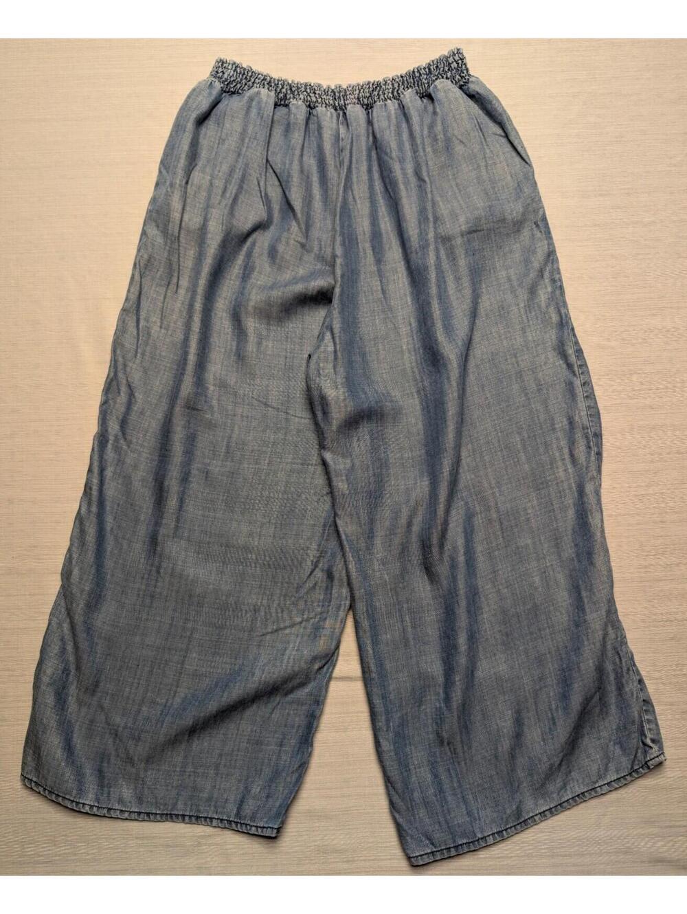 Velvet Heart Tencel Wide Leg Cropped Pants Smocked Waist Chambray Blue Women L - Picture 2 of 5